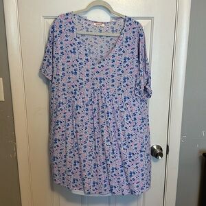 Plus Size floral mini dress with shade of blue and purple.